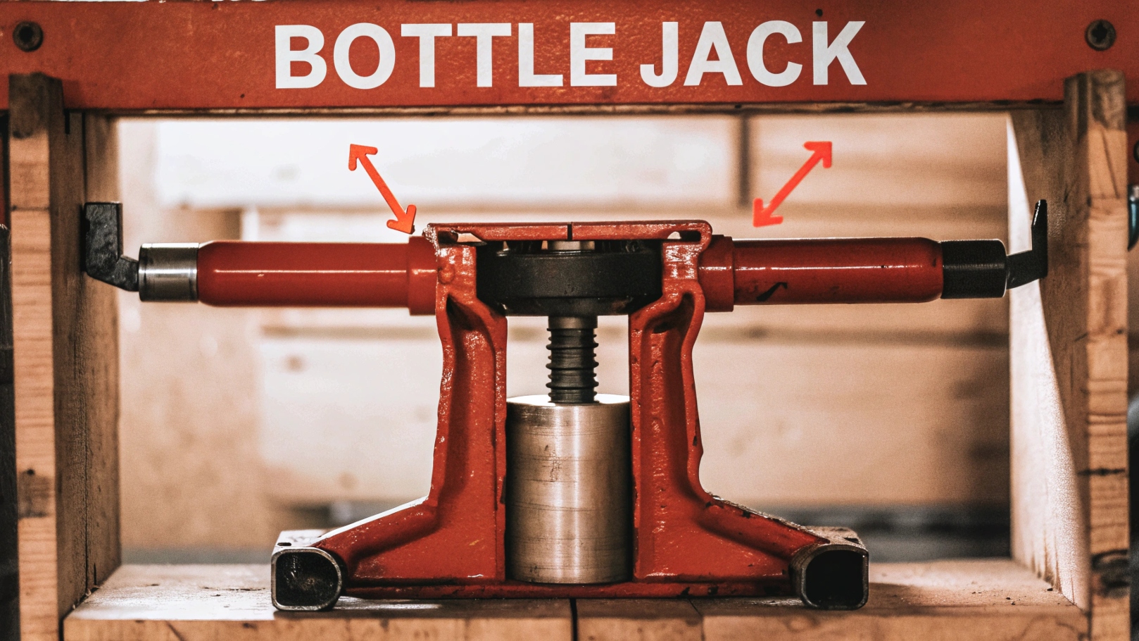 A bottle jack positioned under a car's jacking point with a jack stand nearby.