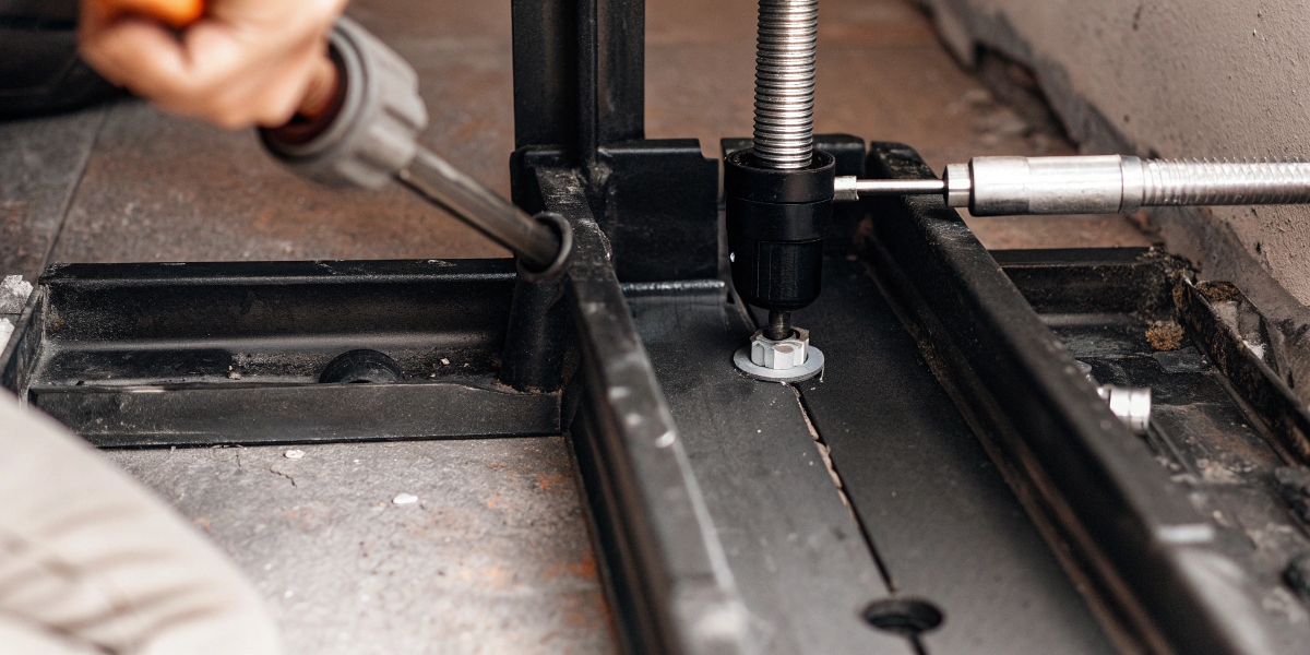 A series of screw jacks installed in a factory, perfectly aligned under a large press.