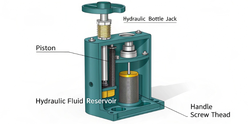 Hydraulic Jack Components A cutaway view of a hydraulic bottle jack with the main components labeled.