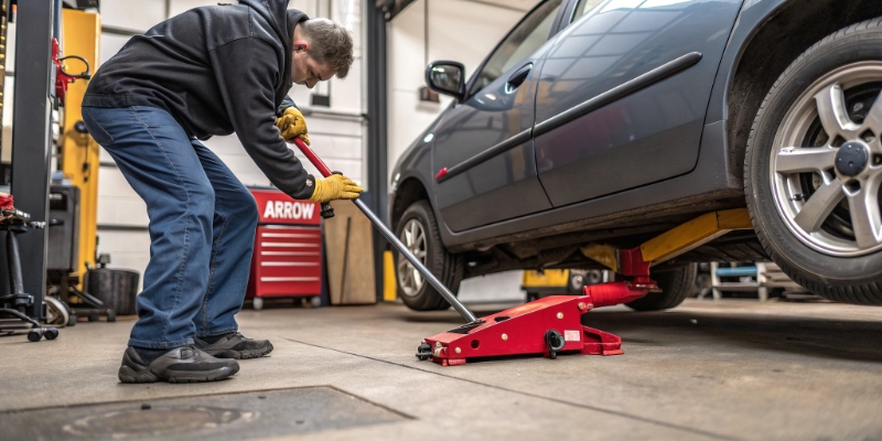 Lifting a Car with a Hydraulic Jack A person using a floor jack to lift the corner of a car, with an arrow showing the lifting point.