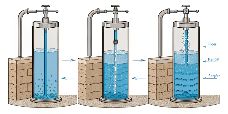 Hydraulic Jack Fluid Dynamics An animation or sequential image showing the fluid moving from the reservoir to the main cylinder as the handle is pumped.